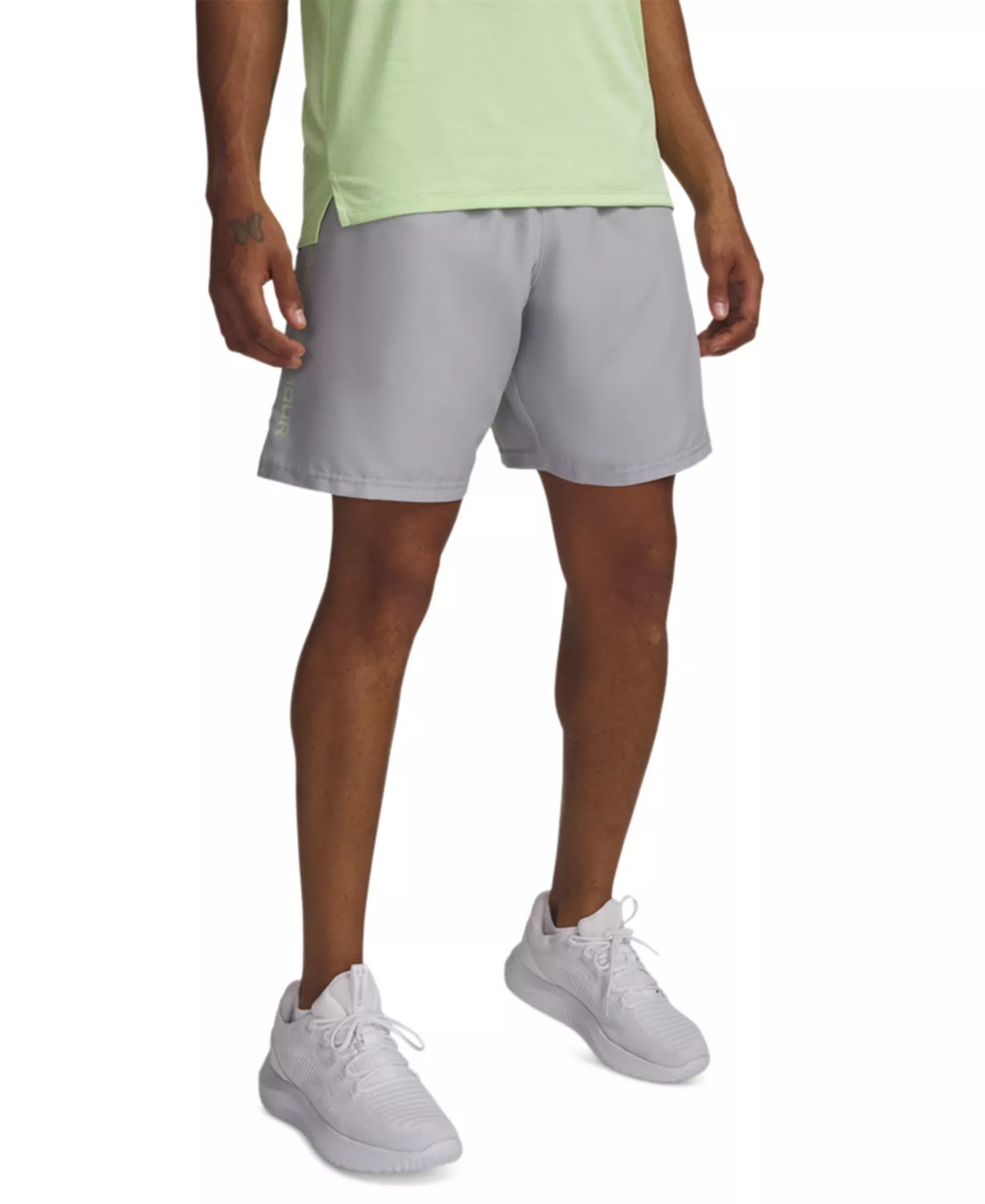 Under Armour Moisture Wicking Logo Print 8 1 4 Tech Shorts (Mod Gray Lumos Lime)