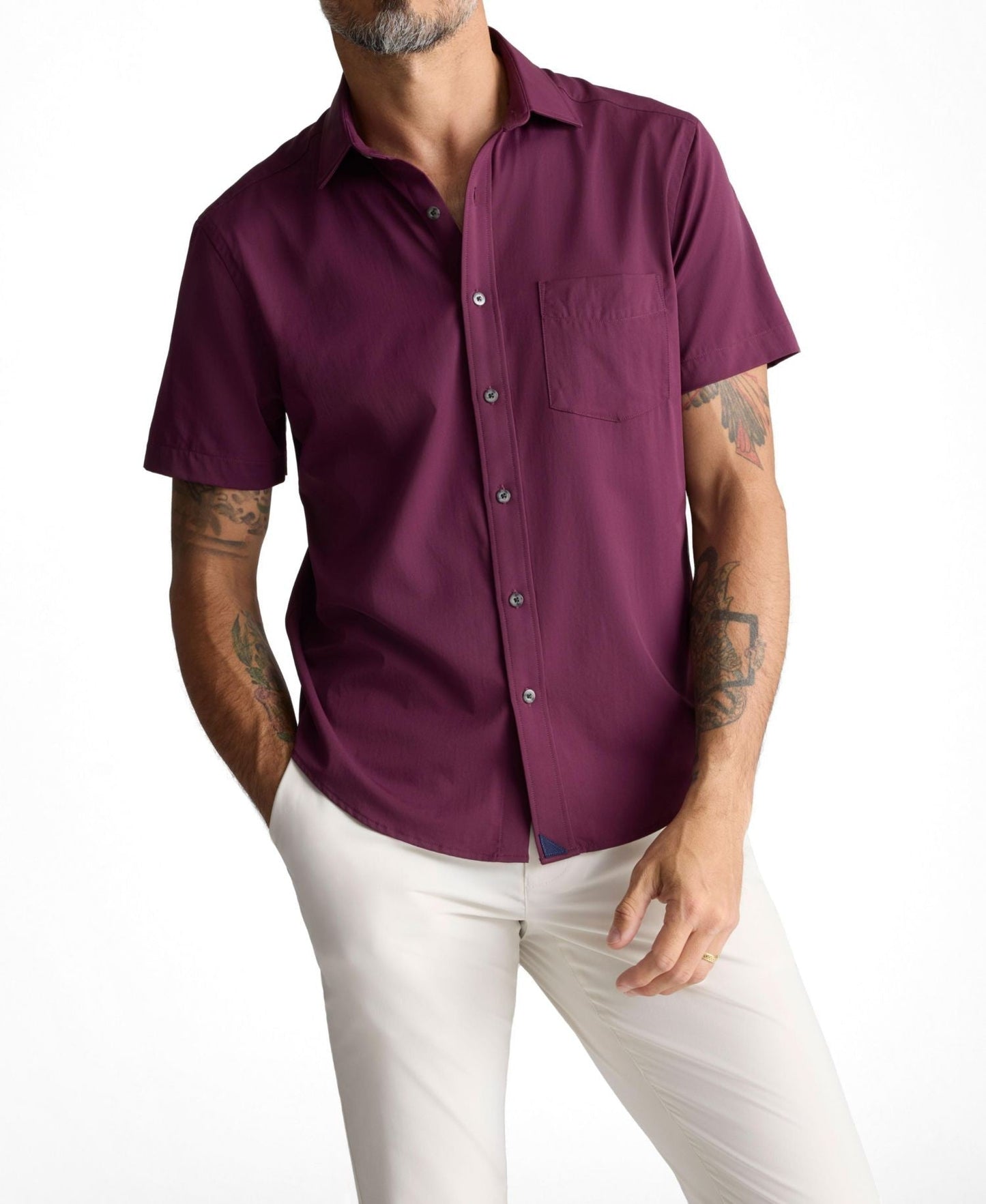 Untuckit Regular Fit Wrinkle-Free Short Sleeve Performance Gironde Button-Up Shirt (Maroon)