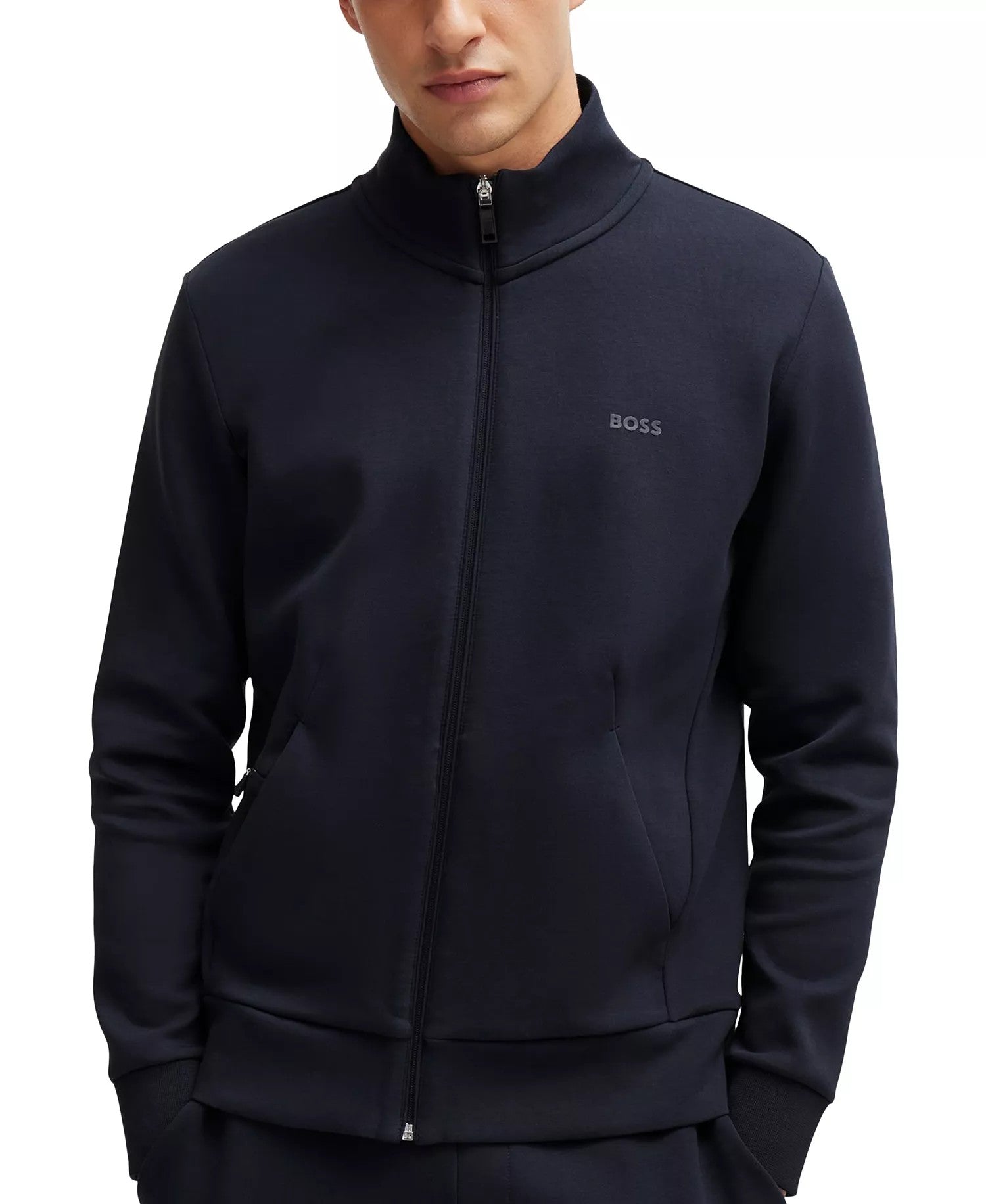 Boss By Hugo Boss Logo Print Zip Up Sweatshirt (Dark Blue)