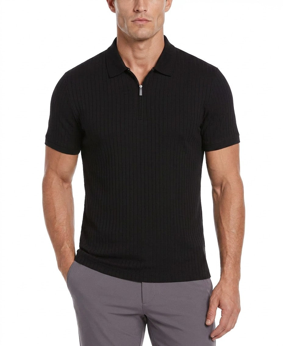 Perry Ellis Slim Fit Ribbed Knit 1 4 Zip Polo Shirt (Black)