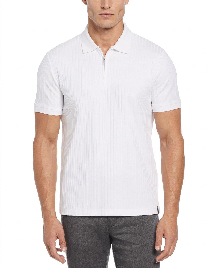 Perry Ellis Slim Fit Ribbed Knit 1 4 Zip Polo Shirt (Bright White)