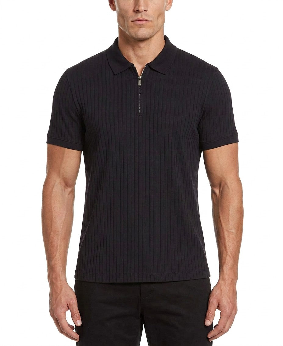 Perry Ellis Slim Fit Ribbed Knit 1 4 Zip Polo Shirt (Dark Sapphire)