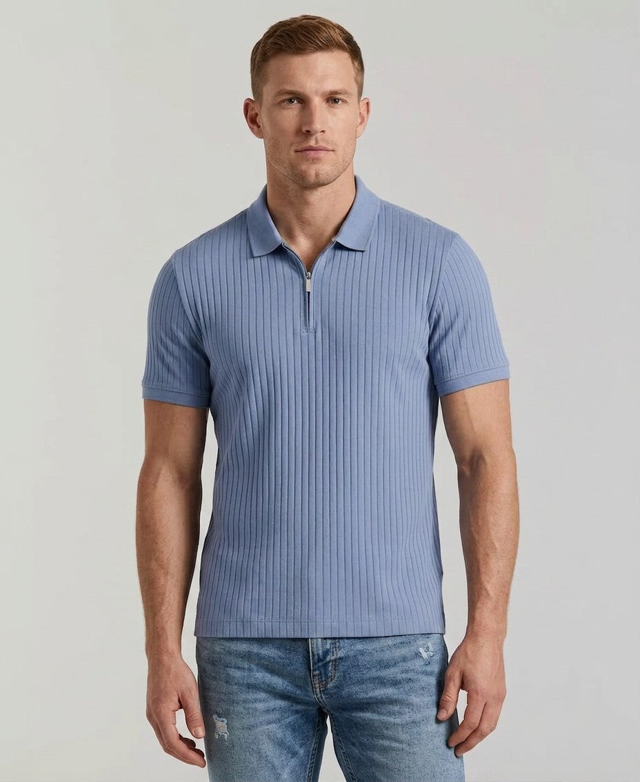 Perry Ellis Slim Fit Ribbed Knit 1 4 Zip Polo Shirt (Infinity)