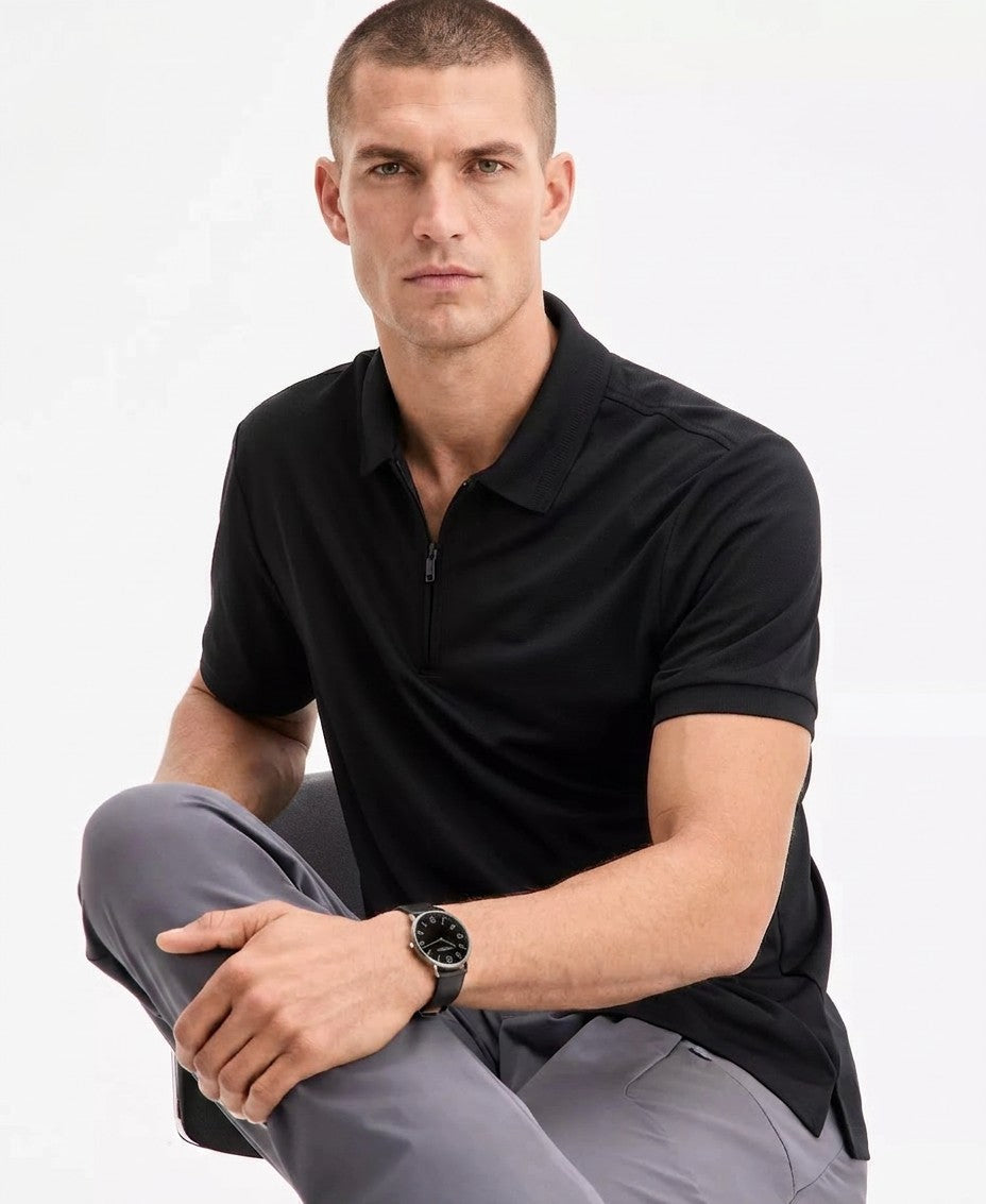 Alfani Ottoman Short Sleeve Textured Quarter-Zip Polo Shirt (Macy's Exclusive) (Deep Black)