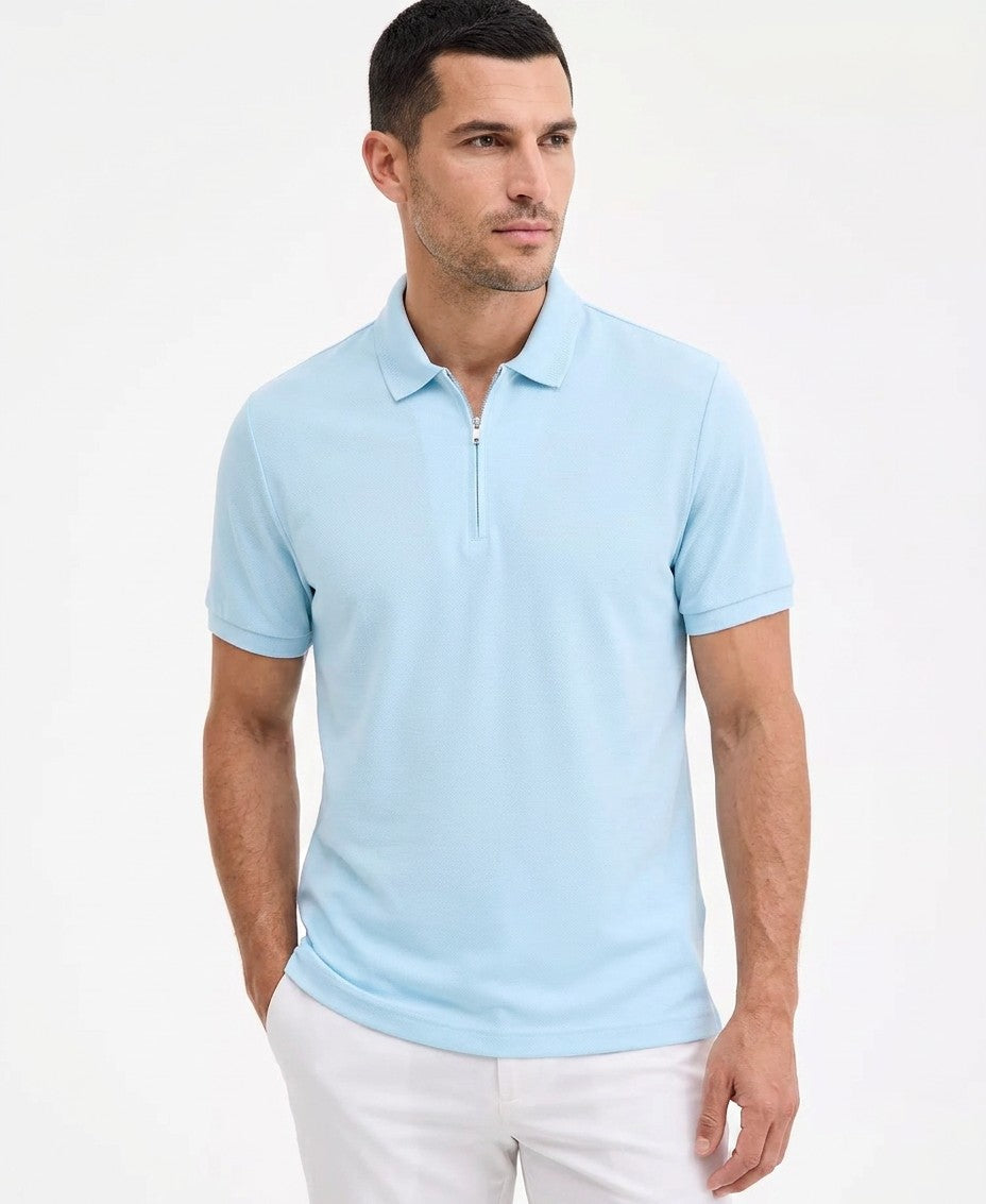Alfani Ottoman Short Sleeve Textured Quarter-Zip Polo Shirt (Macy's Exclusive) (Hushed Blue)