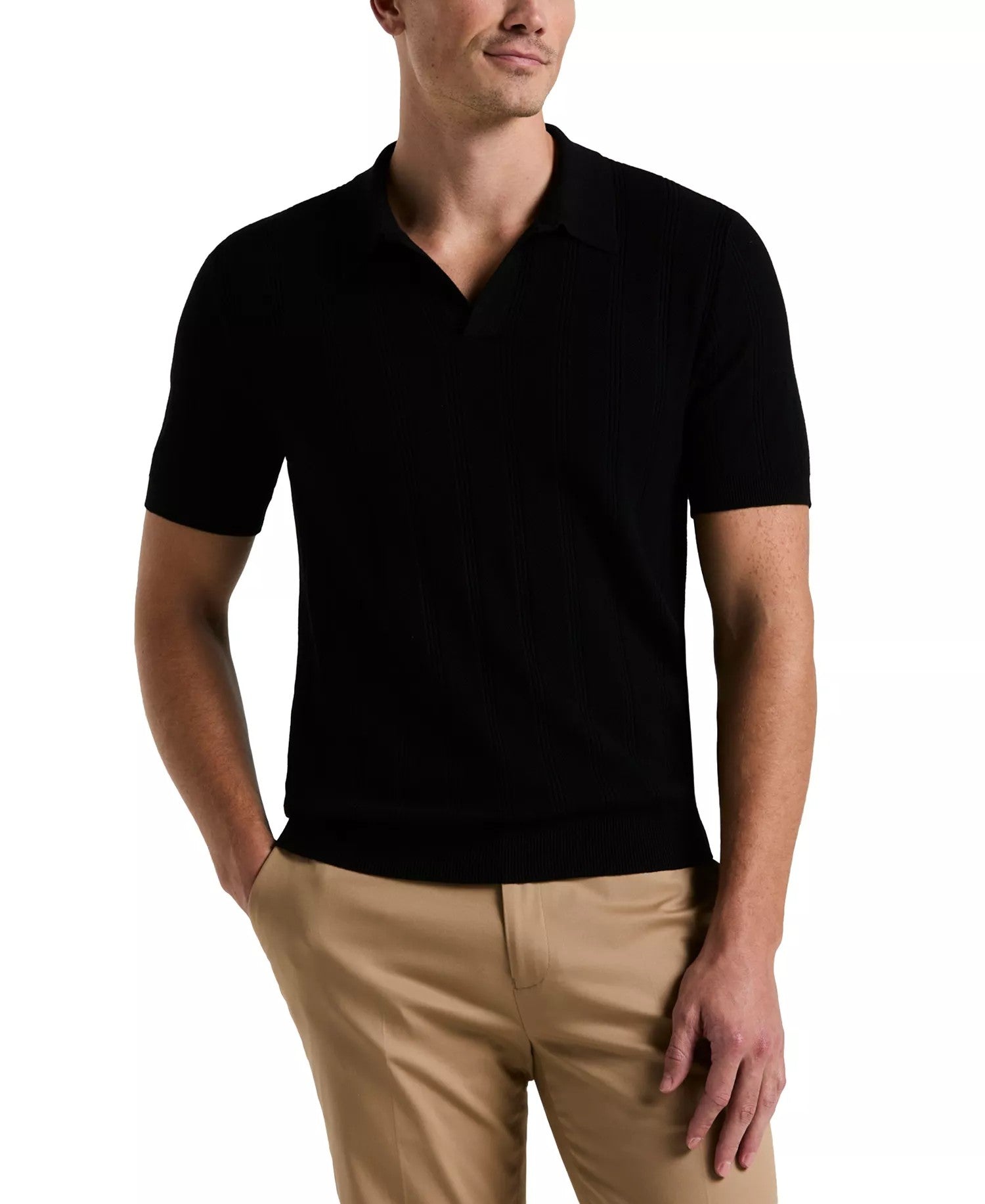 Perry Ellis Johnny Collar Stripe Polo Shirt (Black)