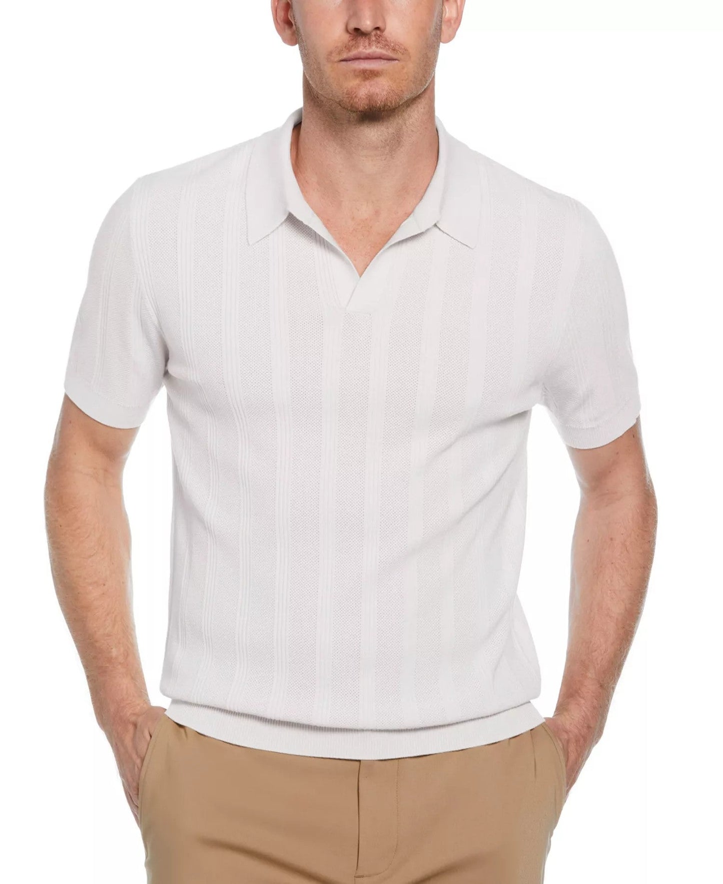 Perry Ellis Johnny Collar Stripe Polo Shirt (Bright White)