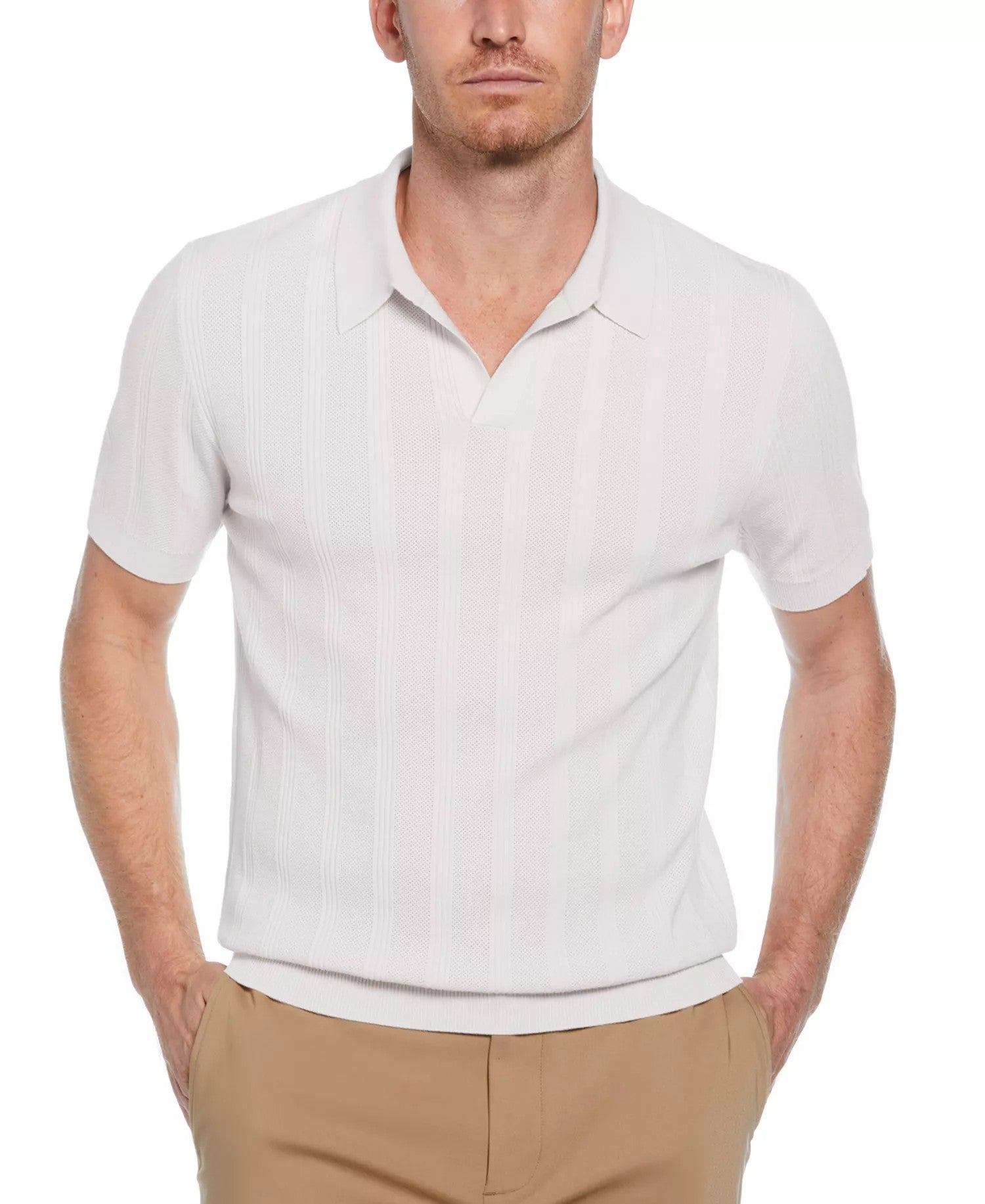 Perry Ellis Johnny Collar Stripe Polo Shirt (Bright White)