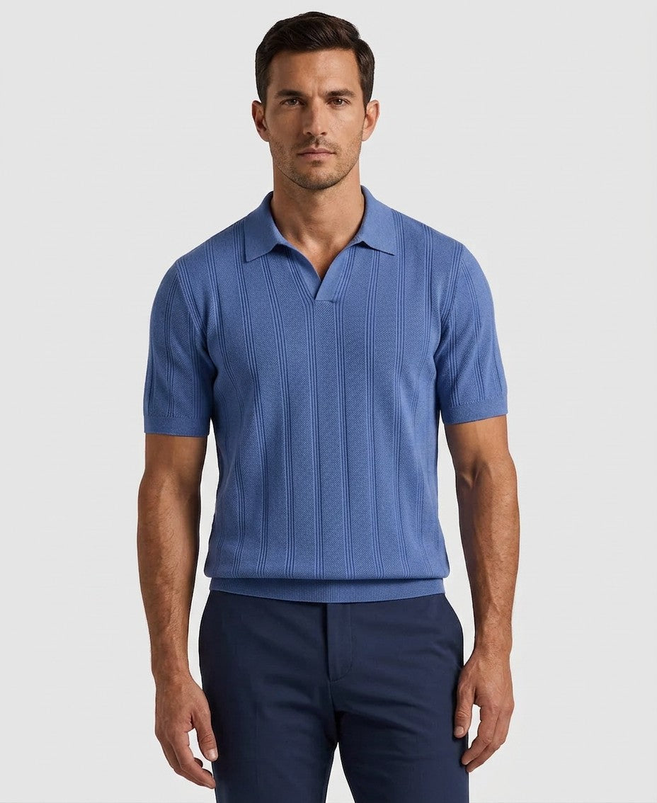 Perry Ellis Johnny Collar Stripe Polo Shirt (Dutch Blue)