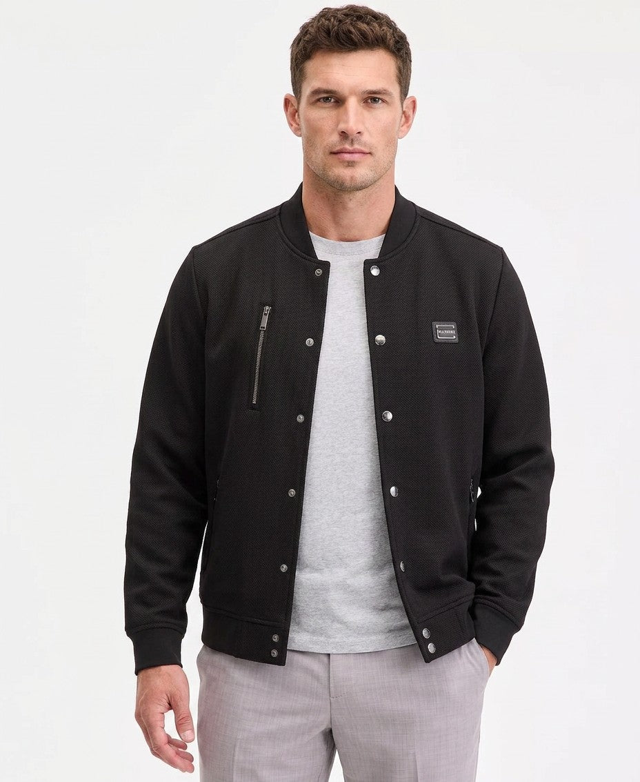 Karl Lagerfeld Textured Varsity Zip Bomber Jacket (Black)