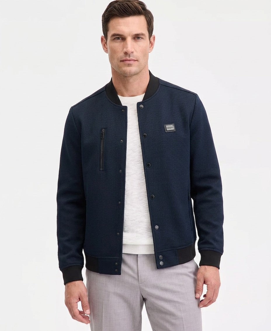 Karl Lagerfeld Textured Varsity Zip Bomber Jacket (Navy)