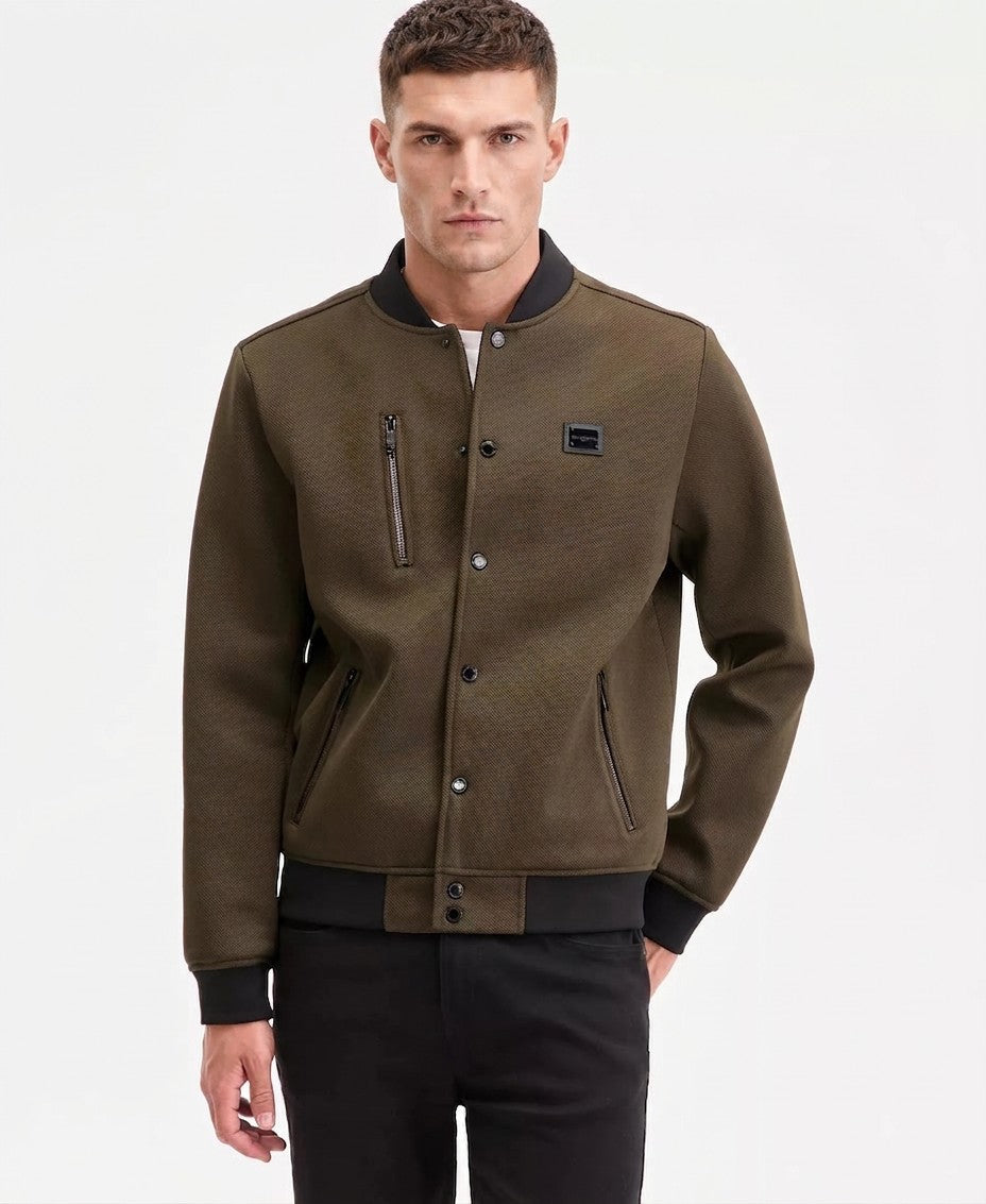 Karl Lagerfeld Textured Varsity Zip Bomber Jacket (Olive)