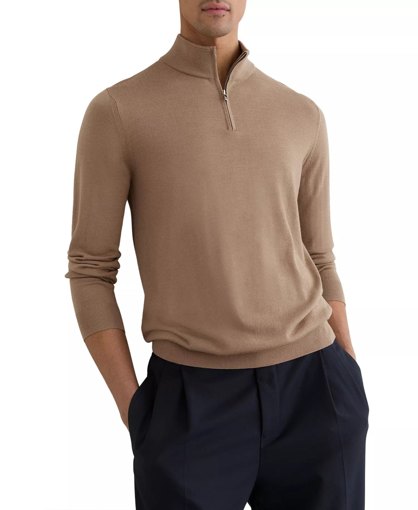 Reiss Merino Wool Half-Zip Funnel Neck Sweater (Camel Brown)