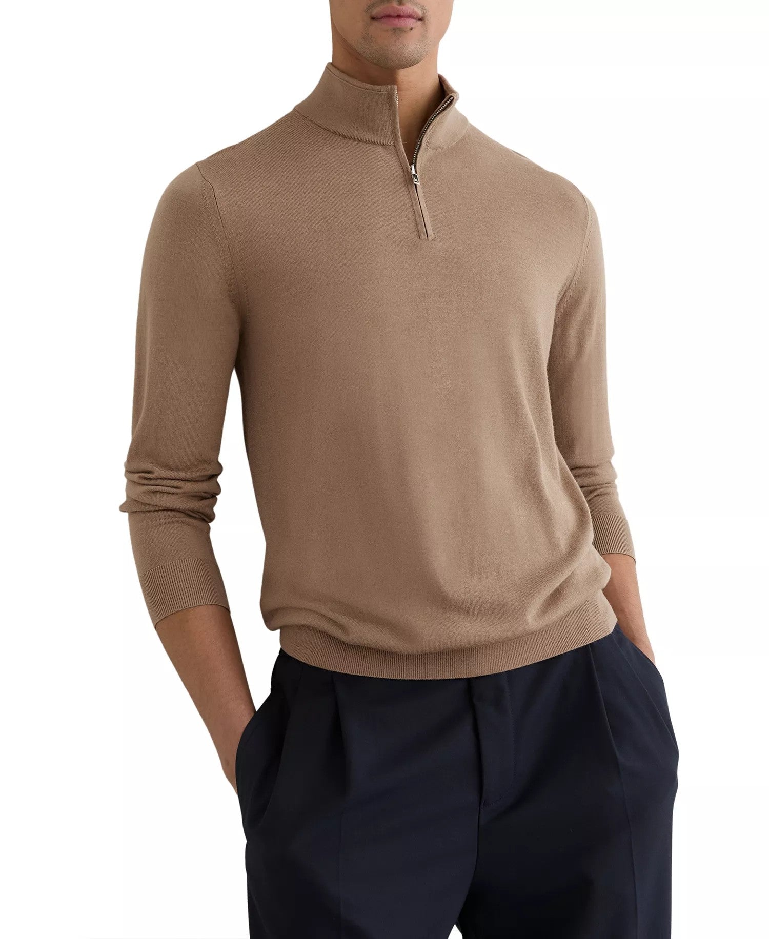 Reiss Merino Wool Half-Zip Funnel Neck Sweater (Camel Brown)