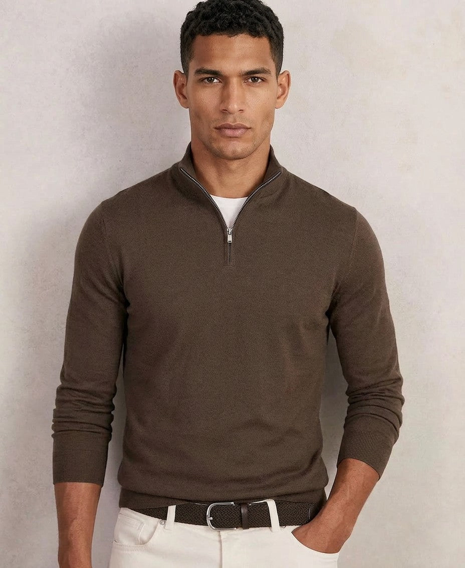 Reiss Merino Wool Half-Zip Funnel Neck Sweater (Chocolate Brown)