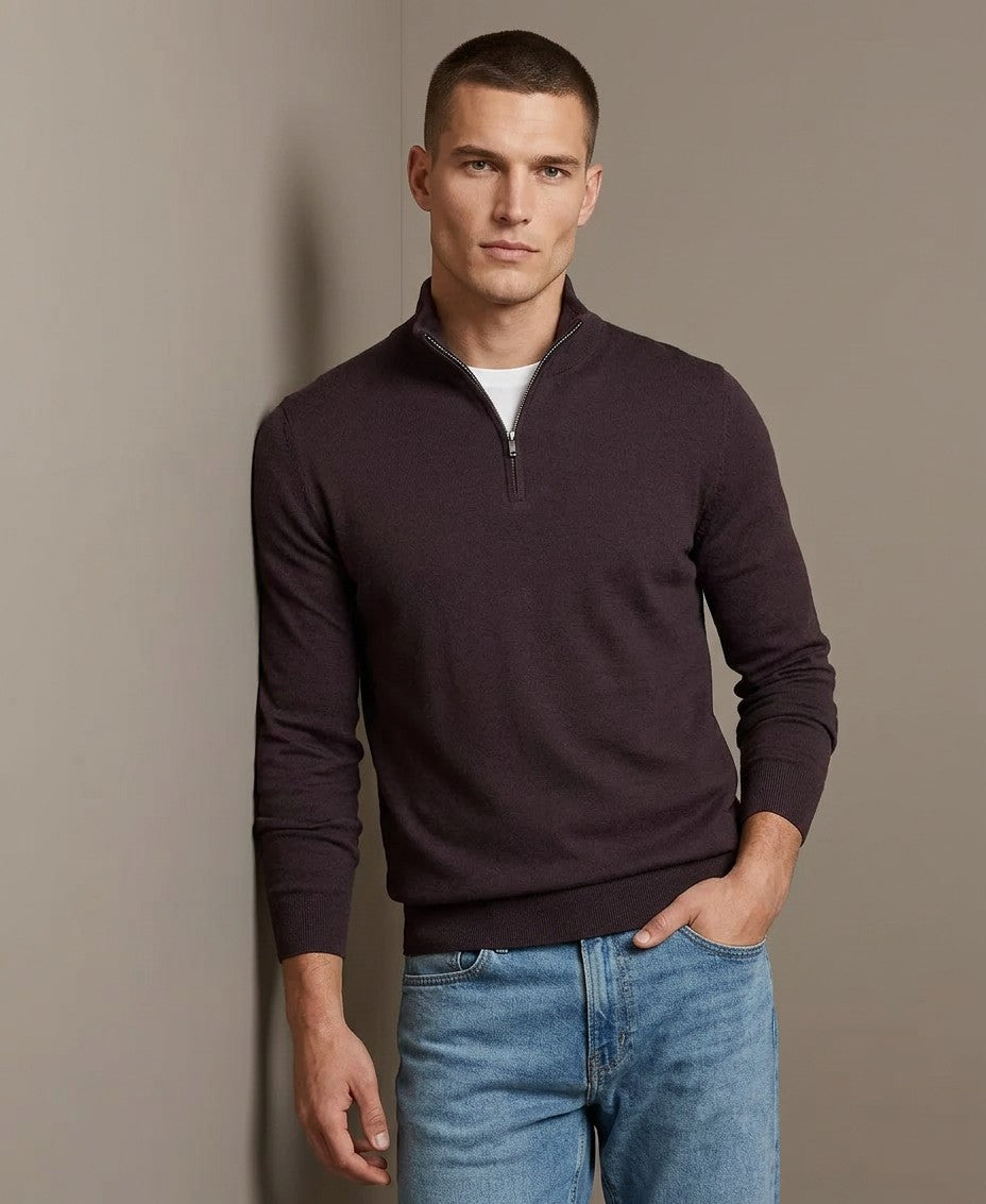 Reiss Merino Wool Half-Zip Funnel Neck Sweater (Dark Bordeaux)