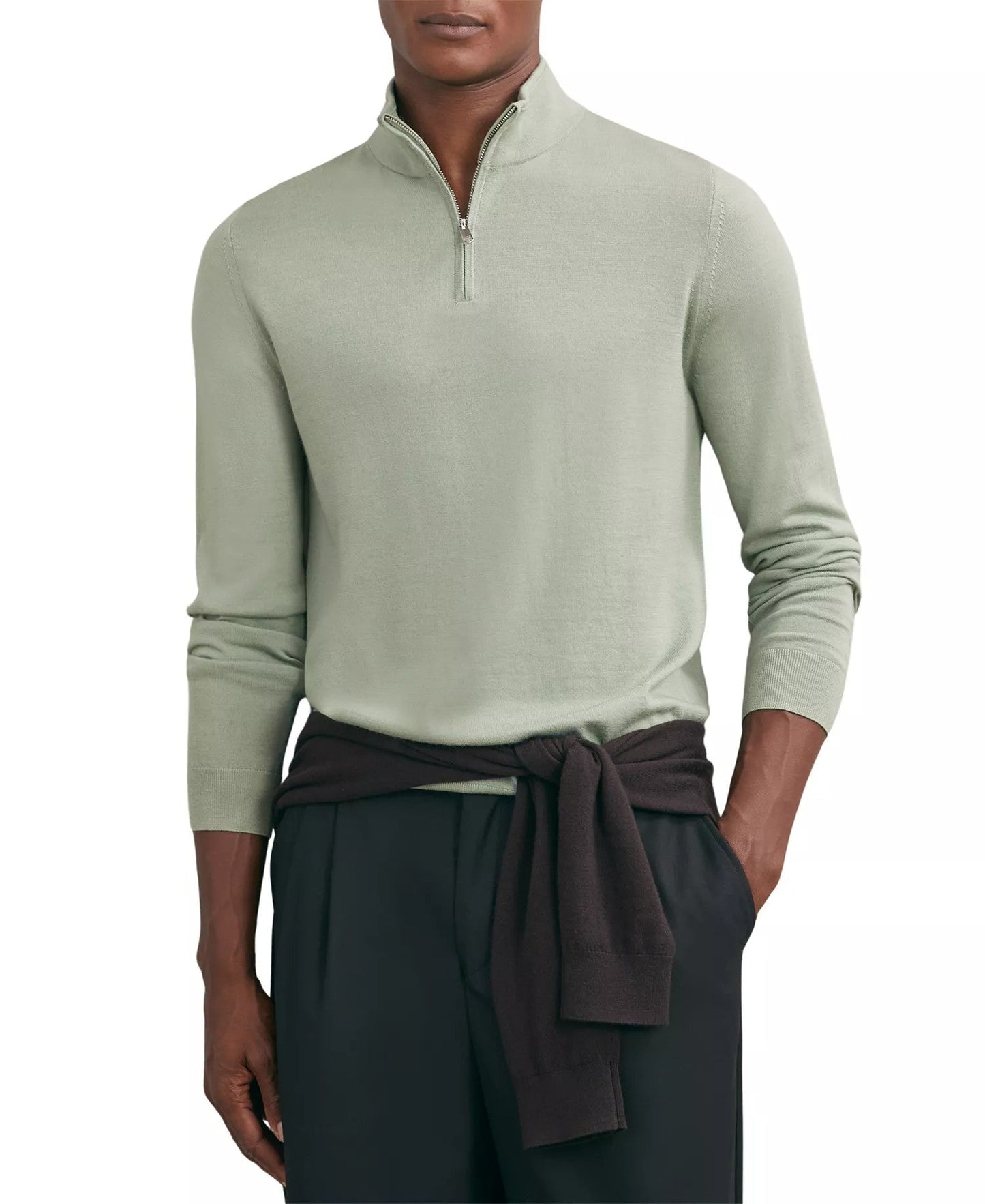 Reiss Merino Wool Half-Zip Funnel Neck Sweater (Light Sage)