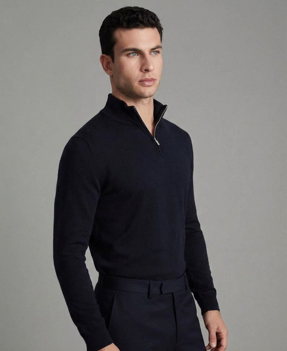 Reiss Merino Wool Half-Zip Funnel Neck Sweater (Navy)