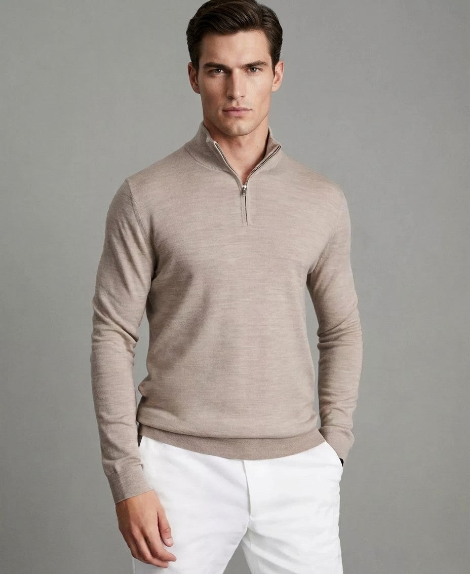 Reiss Merino Wool Half-Zip Funnel Neck Sweater (Wheat Melange)