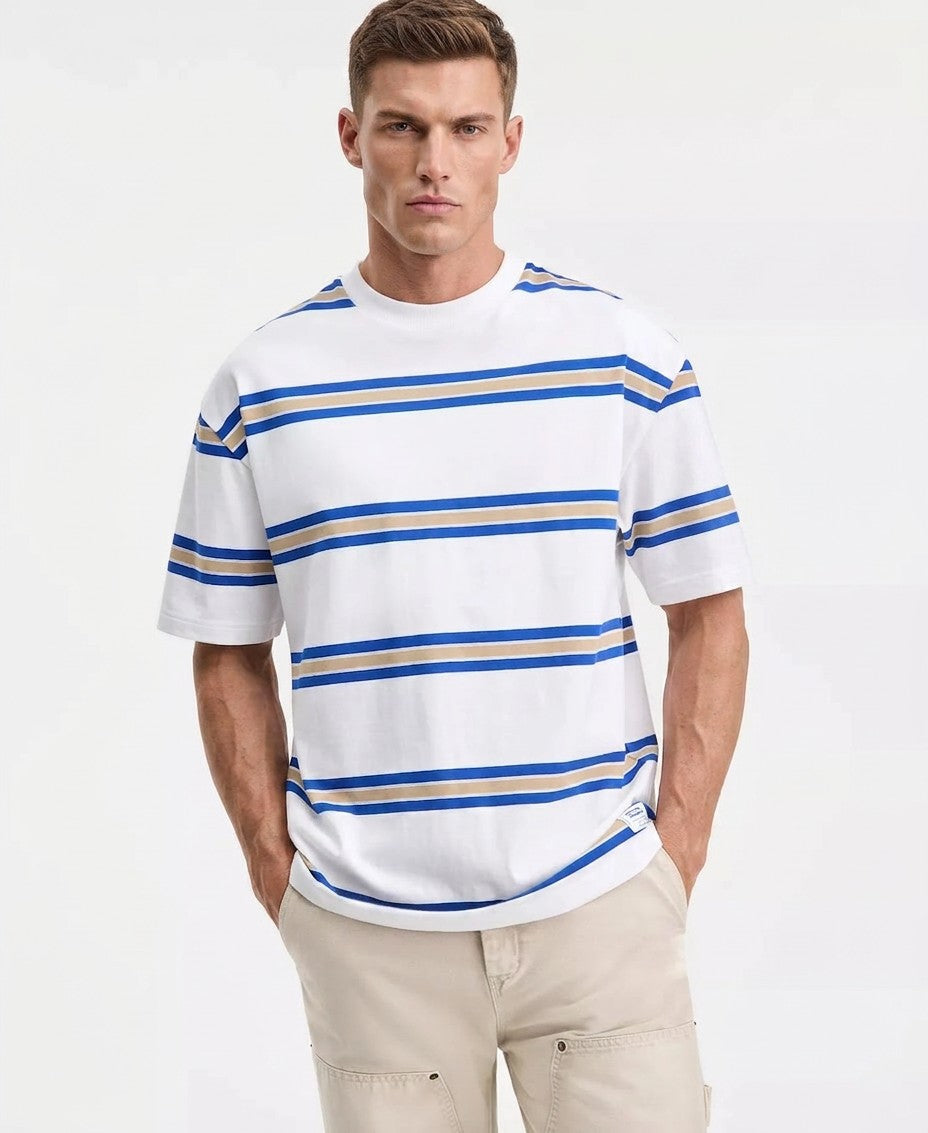 Hugo Boss Nolisto Relaxed Fit Short Sleeve Striped Crewneck T-Shirt (White Blue Stripe)