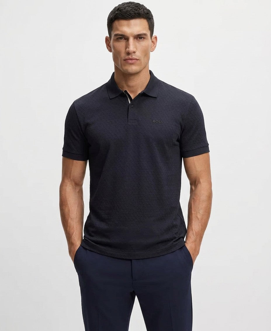 Boss By Hugo Boss Cotton Pique Printed Pattern Polo Shirt (Dark Blue)