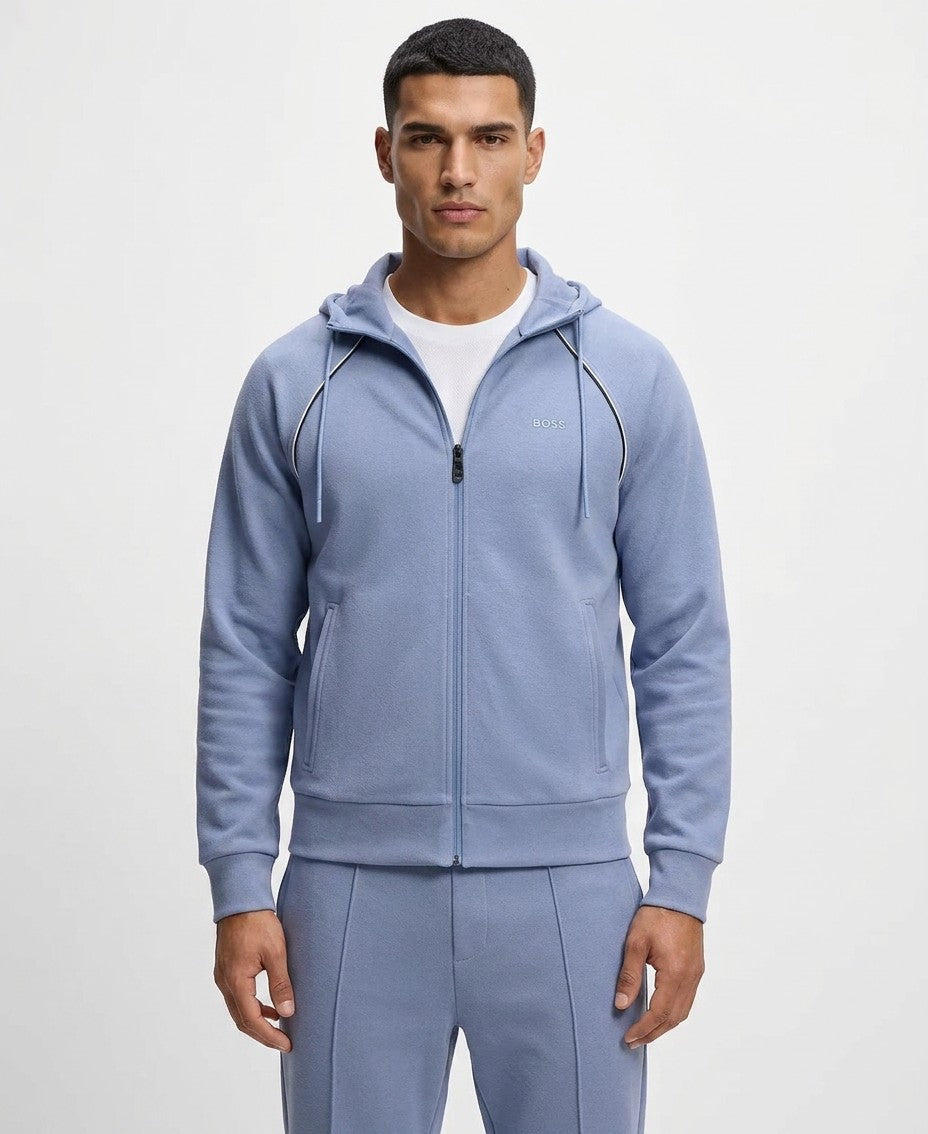 Boss By Hugo Boss Cotton-Blend Zip Up Piping Detail Hoodie (Open Blue)