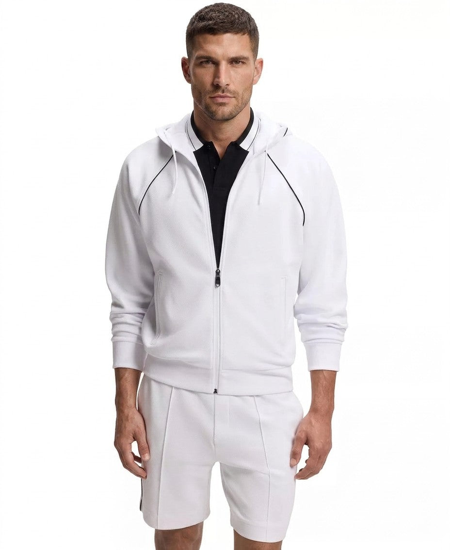 Boss By Hugo Boss Cotton-Blend Zip Up Piping Detail Hoodie (White)