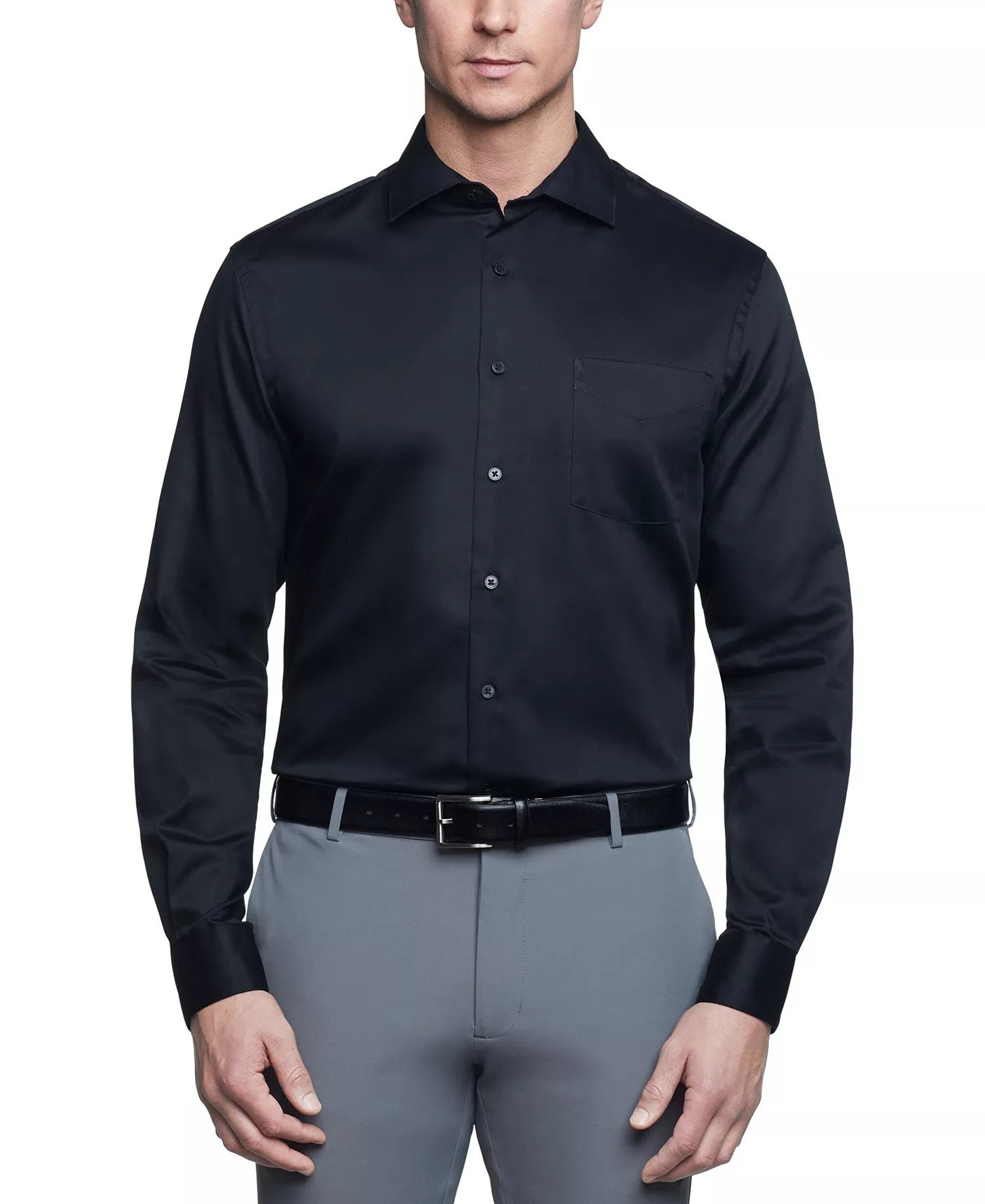 Van Heusen Classic Regular Fit Stretch Wrinkle-Free Sateen Dress Shirt (Black)